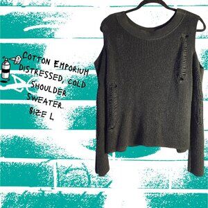 Cotton Emporium distressed, cold shoulder sweater.  Size L.